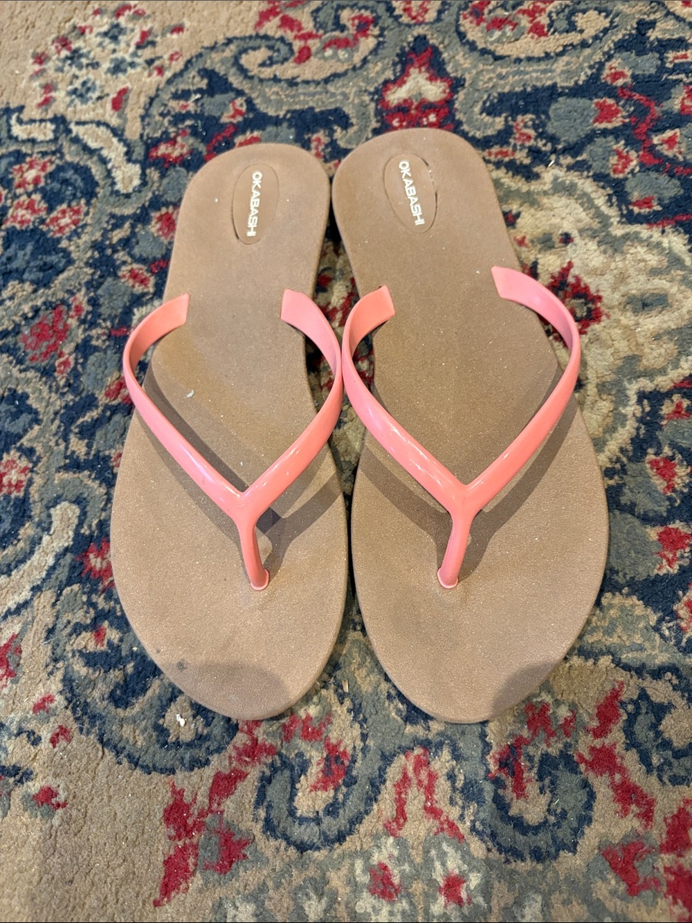 Okabashi Coral Pink Strap Brown Footbed Women's Flip Flops